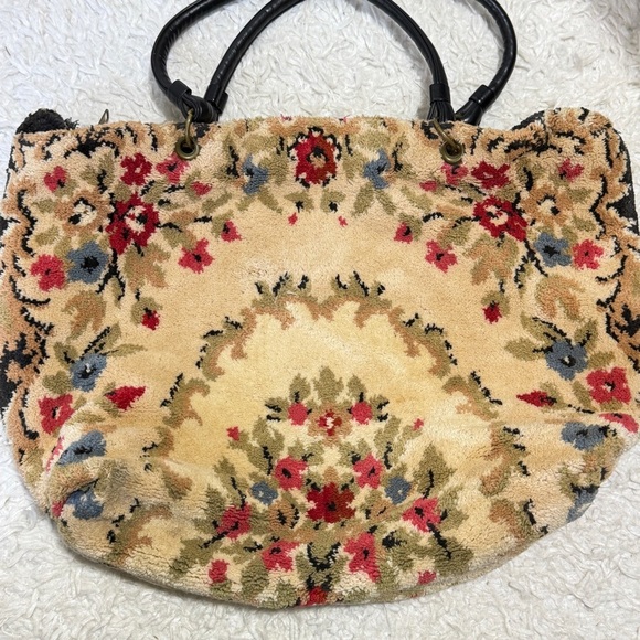 Vintage 50’s 60’s floral carpet tote shoulder back leather handles - Picture 8 of 12